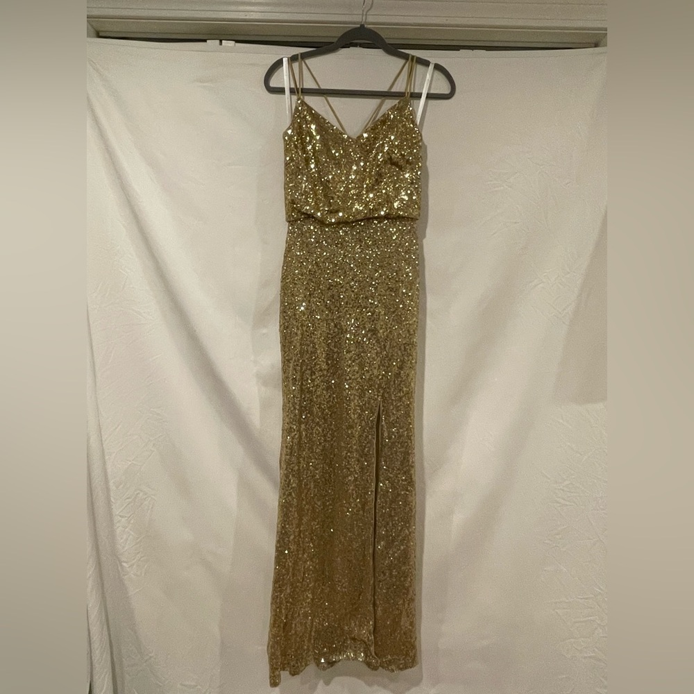 Christina Wu Celebrations 22836 Gold Sequin Draped Back Bridesmaid Dress
